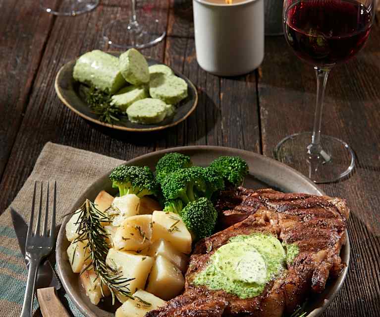 Sirloin Steaks with Herb Butter, Rosemary Potatoes and Broccoli Sirloin Steaks with Herb Butter, Rosemary Potatoes and Broccoli