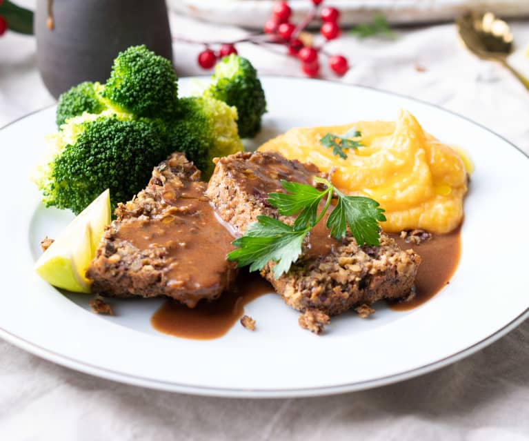 Arrosto di lenticchie con patate dolci e purea di sedano rapa e broccoli