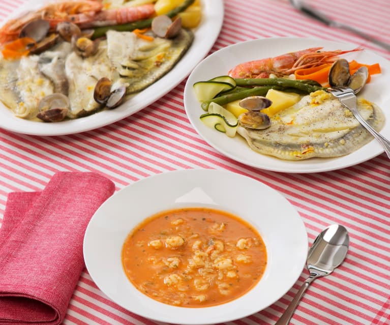 Menú: Sopa de gambas con arroz. Rodaballo con almejas y verduras