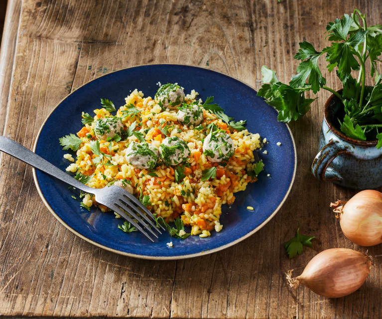 Möhrenrisotto mit Bratwurstkugeln