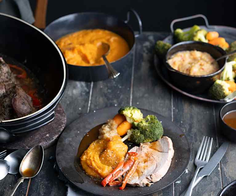 Maiale arrosto con verdure e purè di patate dolci