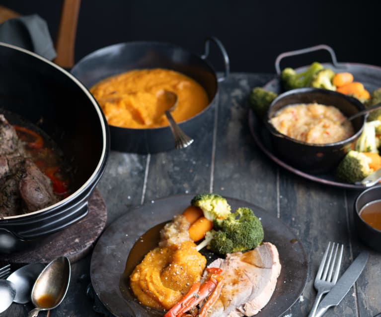 Pá de porco com puré de batata-doce, legumes e chutney de maçã e alperce