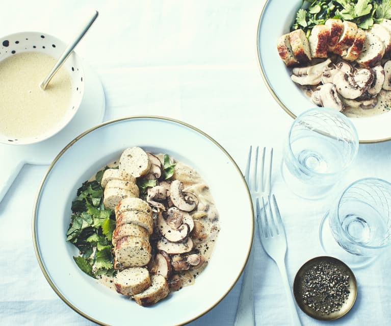 Boudins blancs à la truffe, sauce crémeuse aux marrons et champignons