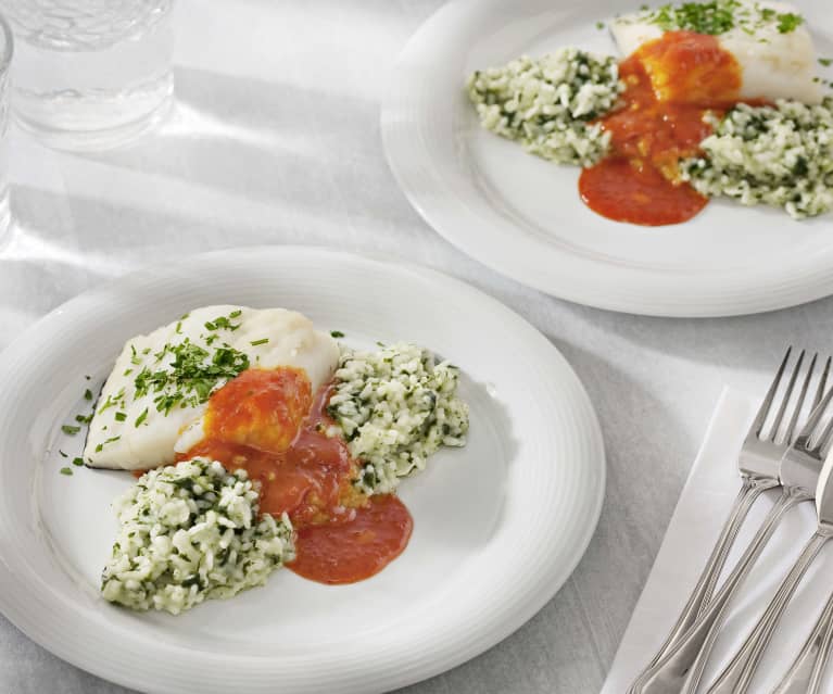 Bacalao con sobrasada a la miel y arroz verde