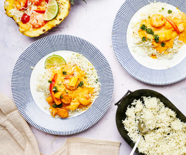 Langostinos en salsa de piña con arroz basmati