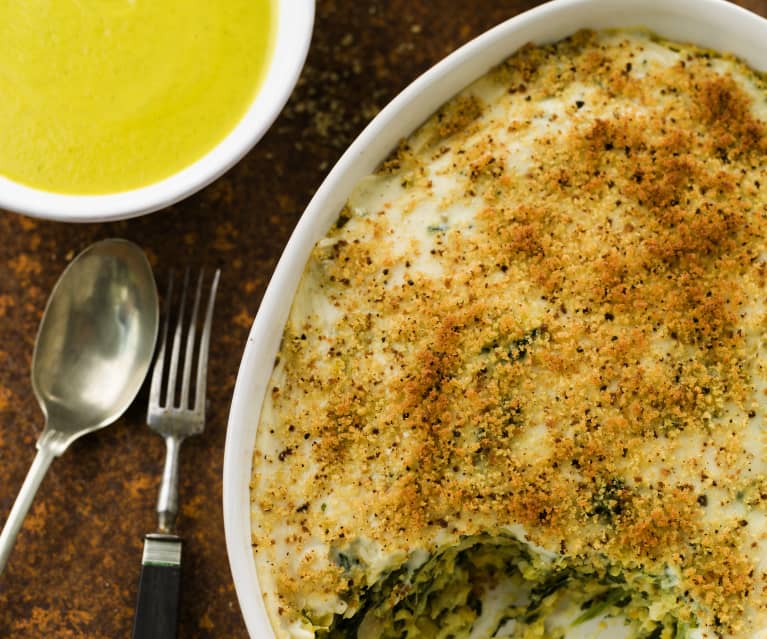 Cod and Spinach Gratin with Carrot and Courgette Soup