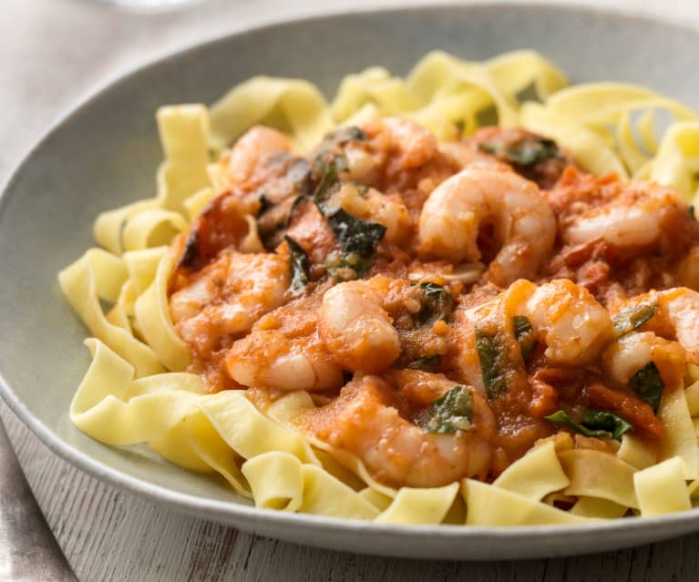 Marathon Fettucine with Charred Tomatoes and Prawns