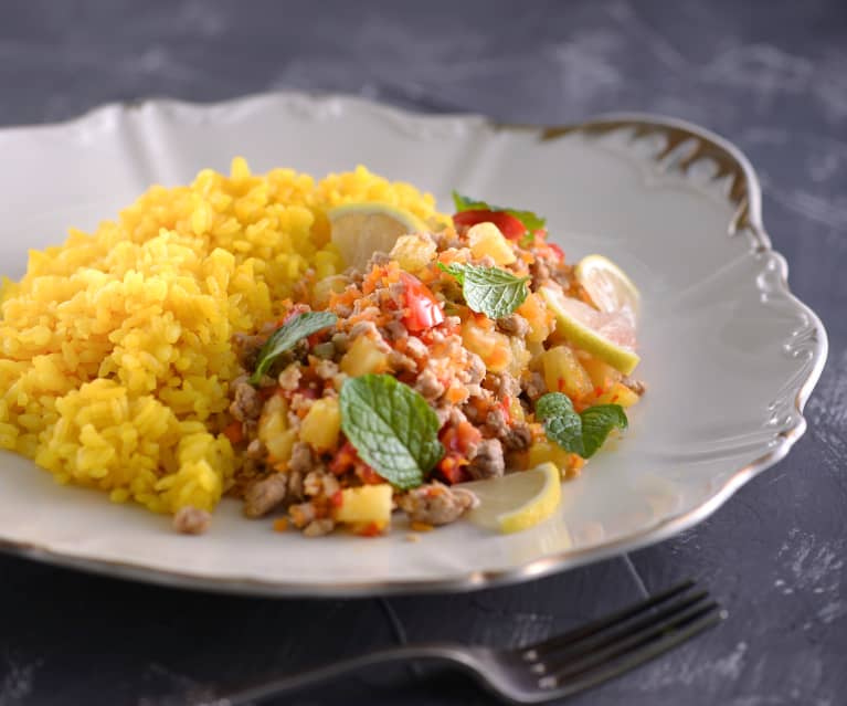 Hot and sour pineapple pork with turmeric rice