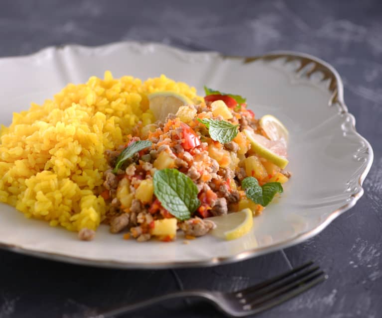 Hot and sour pineapple pork with turmeric rice - Cookidoo® – the