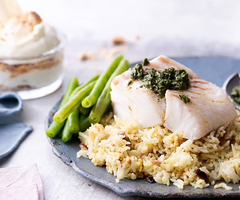 Menù: Filetti di pesce in salsa verde con fagiolini; riso pilau; mousse limone e basilico (Bimby Friend)