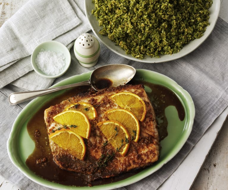 Salmón a la naranja con cuscús de brócoli