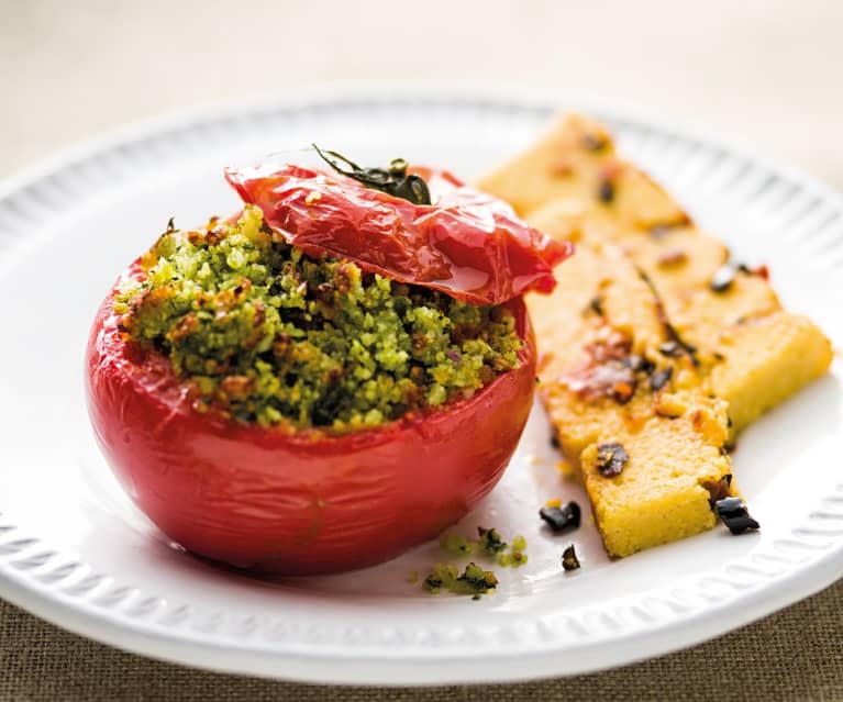 Tomates farcies aux herbes, polenta aux olives