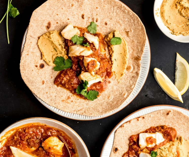 Fajitas de bacalhau com pasta de grão-de-bico