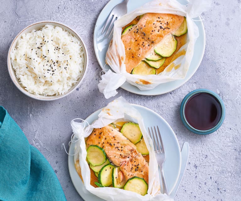 Papillote de saumon teriyaki aux courgettes et riz