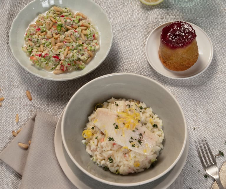 Menü: Rohkostsalat, Forelle mit Zitronenrisotto und Marmeladeküchlein