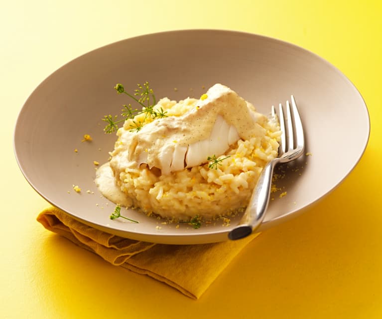 Cabillaud sauce vanille, risotto aux agrumes