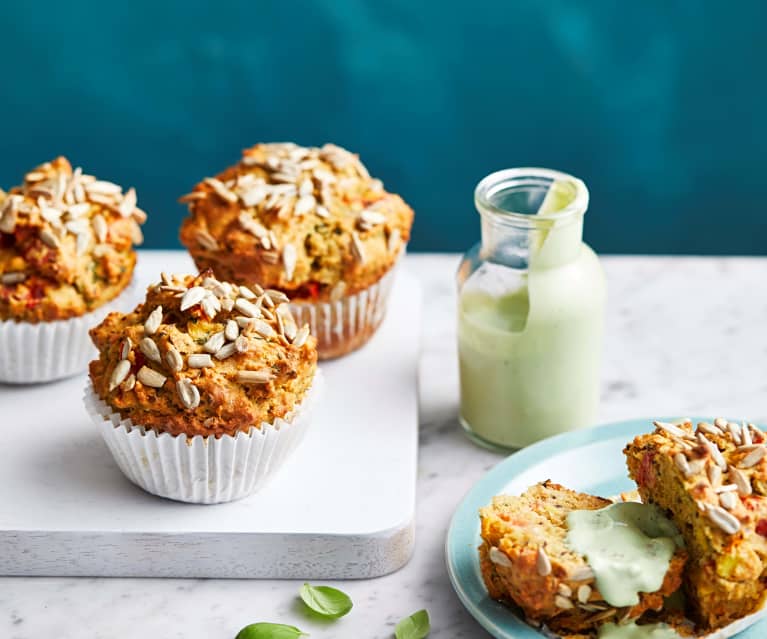 Lupin, corn and tomato muffins with basil yoghurt (Diabetes)