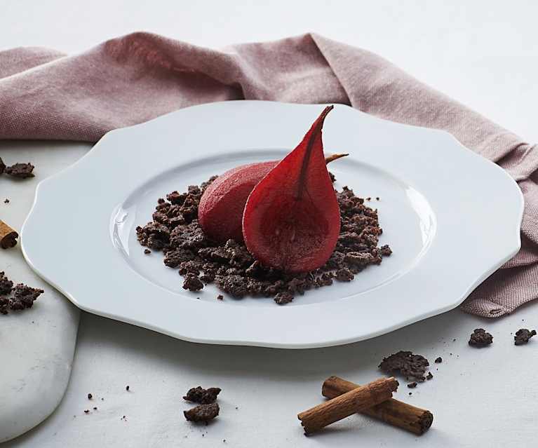 Pere al vino rosso con crumble al cacao