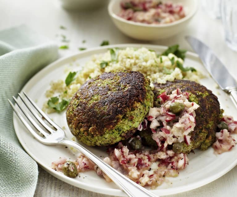 Broccoli Fritters with Radish Salad and Lemon Quinoa