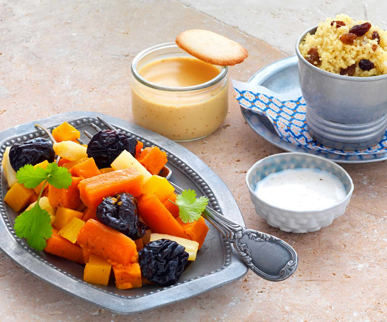 Tajine de légumes, crème dessert à la confiture de lait