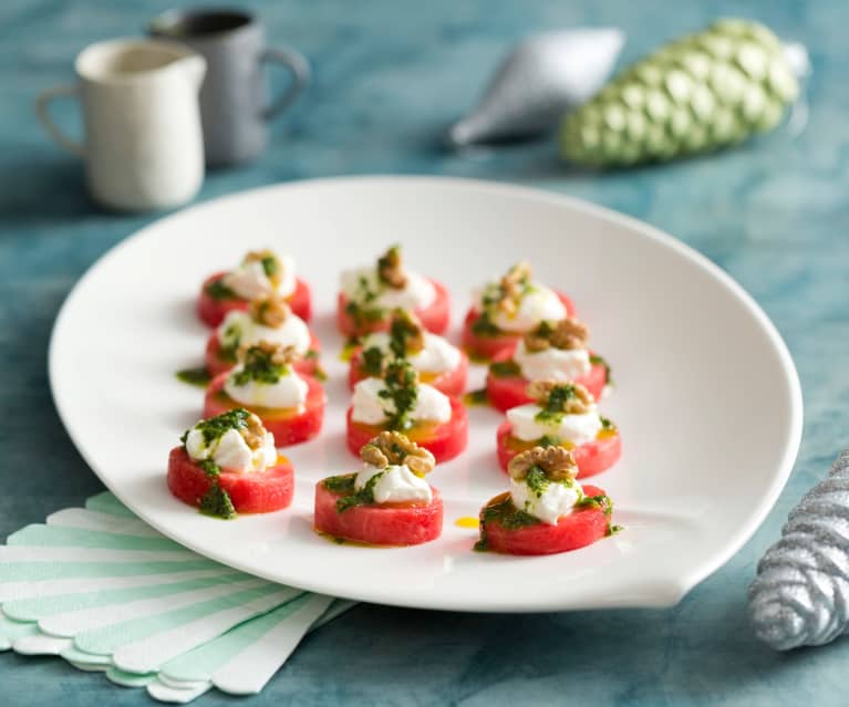 Watermelon canapés with whipped feta and walnuts