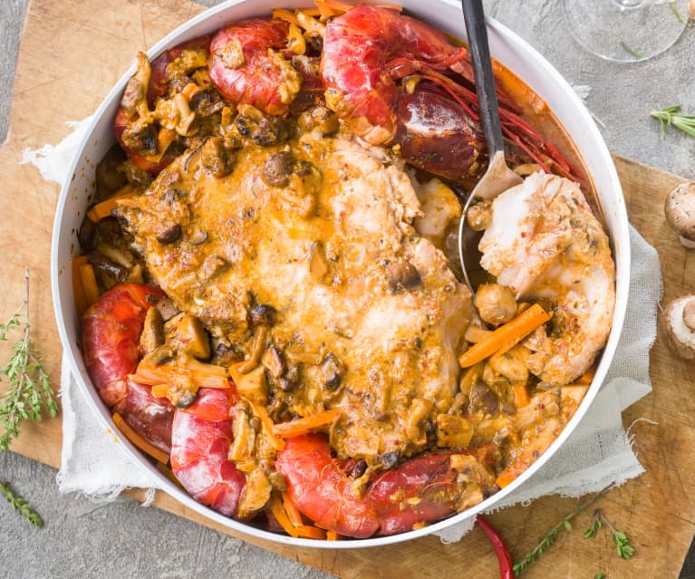 Mero asado con carabineros y ragú de setas