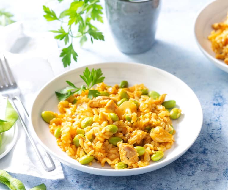 Arroz con edamame y pollo (Cocción de arroz)