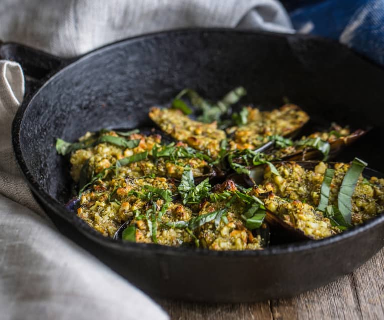 Mussels with Basil, Almonds and Butter