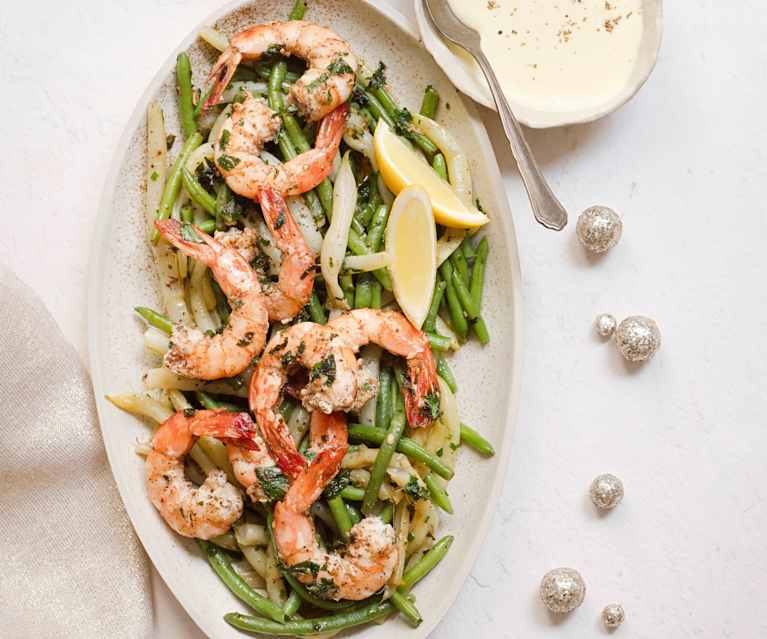 Gambas et haricots sautés à l'ail, mousseline au citron