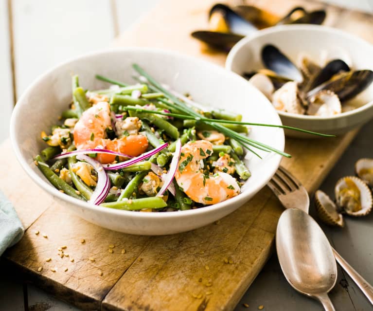 Salade chaude de haricots verts et fruits de mer