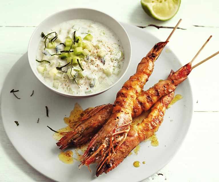 Raïta pomme-concombre et gambas aux épices