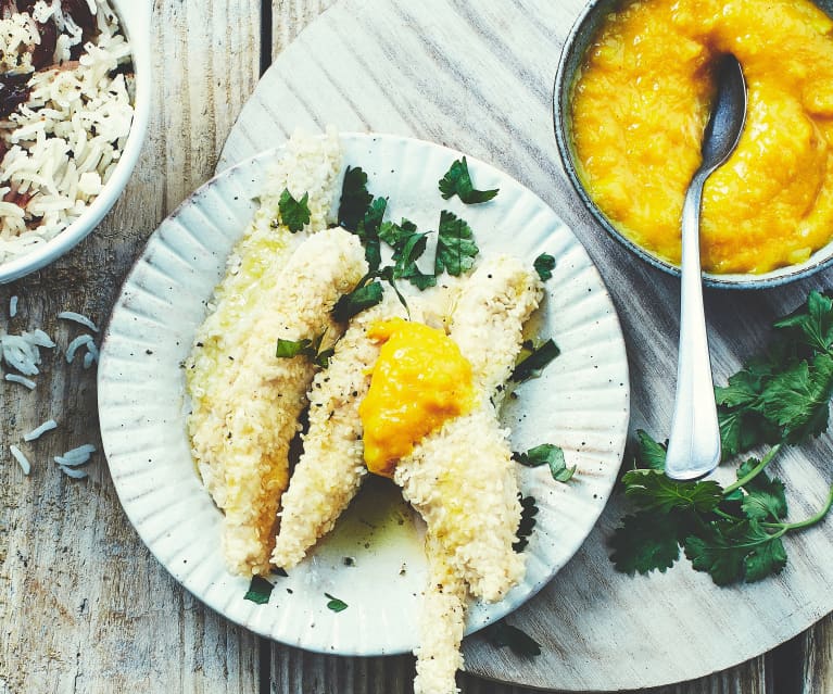 Aiguillettes de poulet au sésame, riz aux cranberries