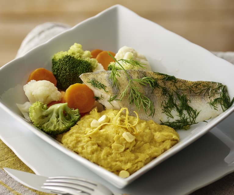 Filetes de trucha con polenta de maíz dulce