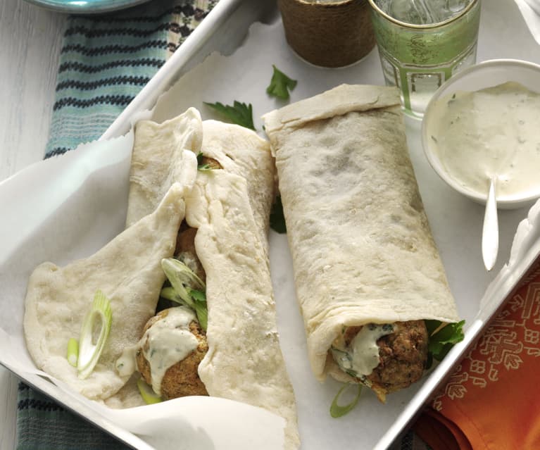 Falafel in square flatbread (r’gaif bread) with tahini sauce