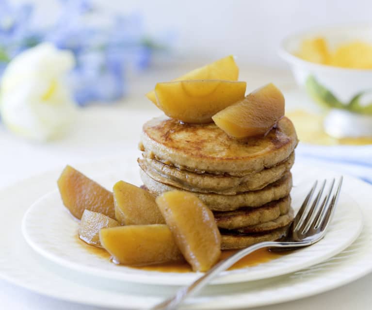 Wholefood Pancakes with Vanilla and Cinnamon Poached Apples