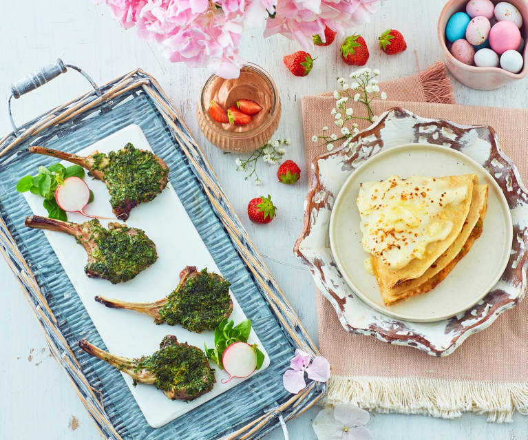 Menù: Crêpes primaverili, costolette di agnello alle erbe aromatiche e mousse al cioccolato (Bimby Friend)