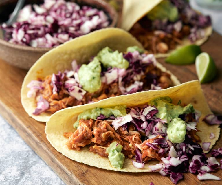 BBQ Pulled Jackfruit Tacos with Avocado Crema and Slaw