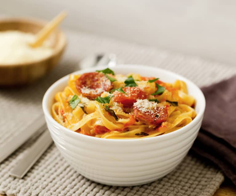 Creamy tomato and salami fettuccine