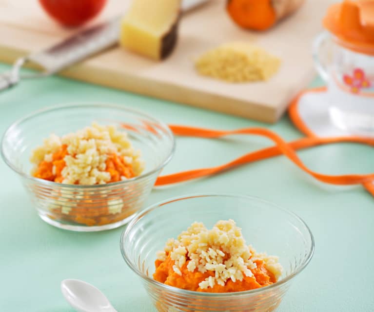 Puré de tomate y batata con pasta