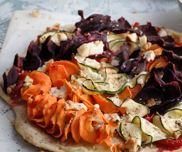 Spiralized Vegetable Tarte Flambée with Halloumi