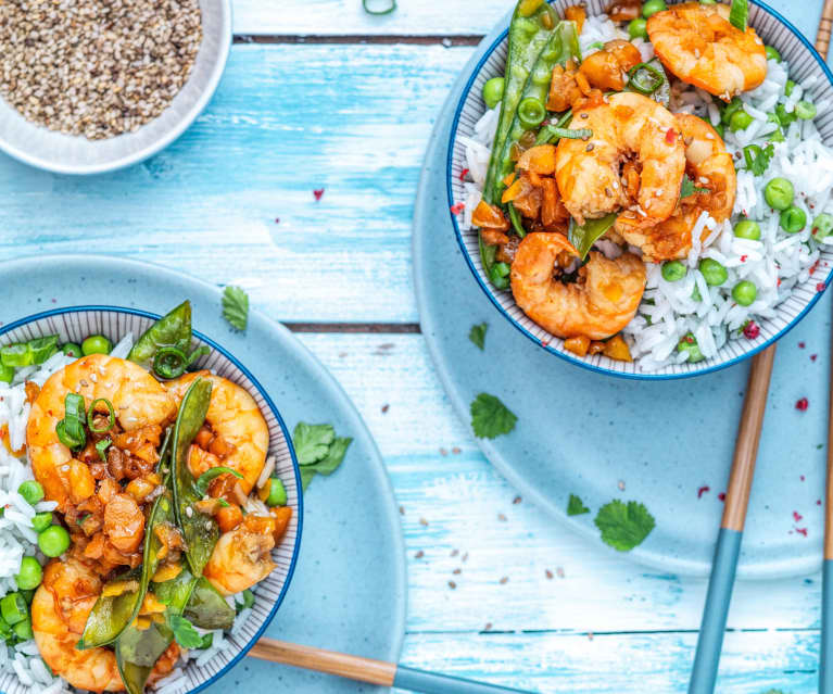 Riz thaï aux petits légumes et crevettes sautées - Recette Ptitchef