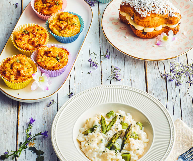 Menù: Risotto asparagi e Taleggio, Muffin salati e Crema pasquale (Pasqua) (Bimby Friend)