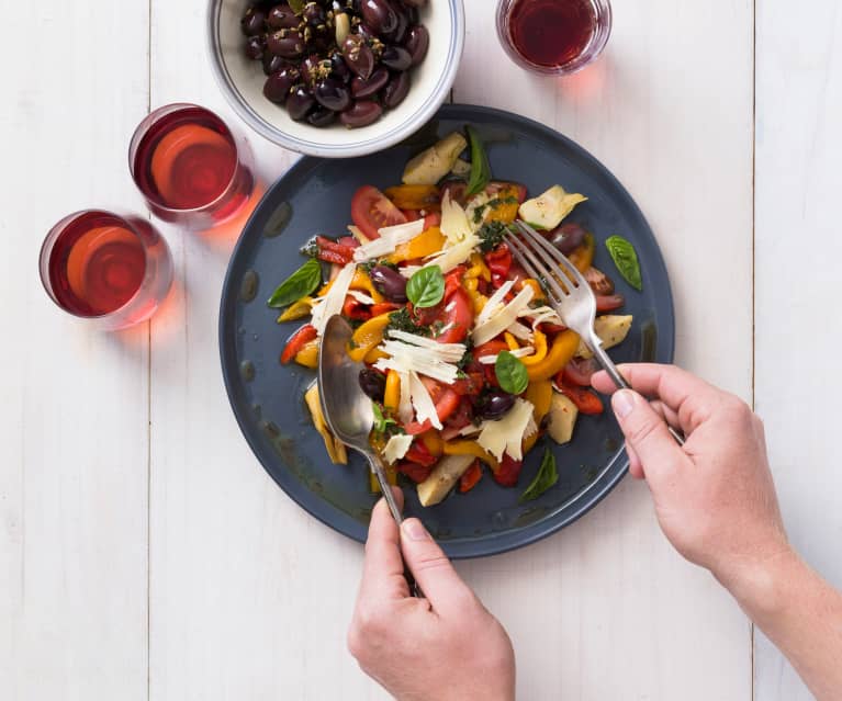 Warm capsicum and tomato salad with olives