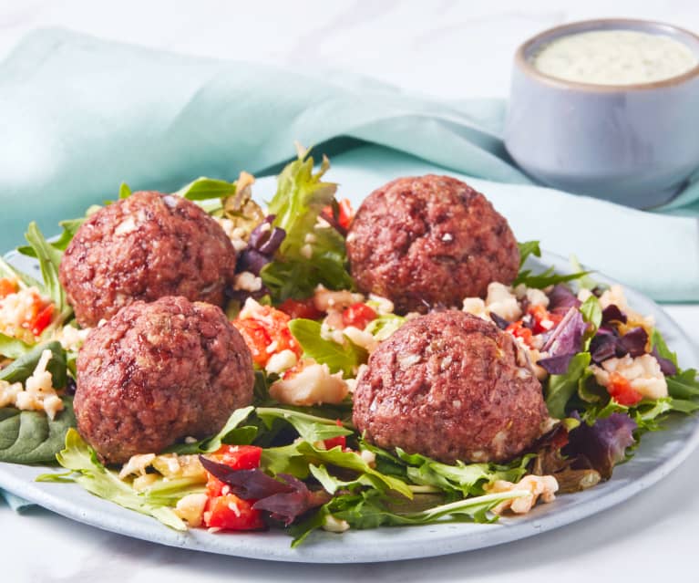 Meatballs with Herb Tahini and Cauliflower Tabbouleh