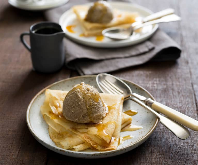 Dairy free coconut caramel ice cream with crêpes