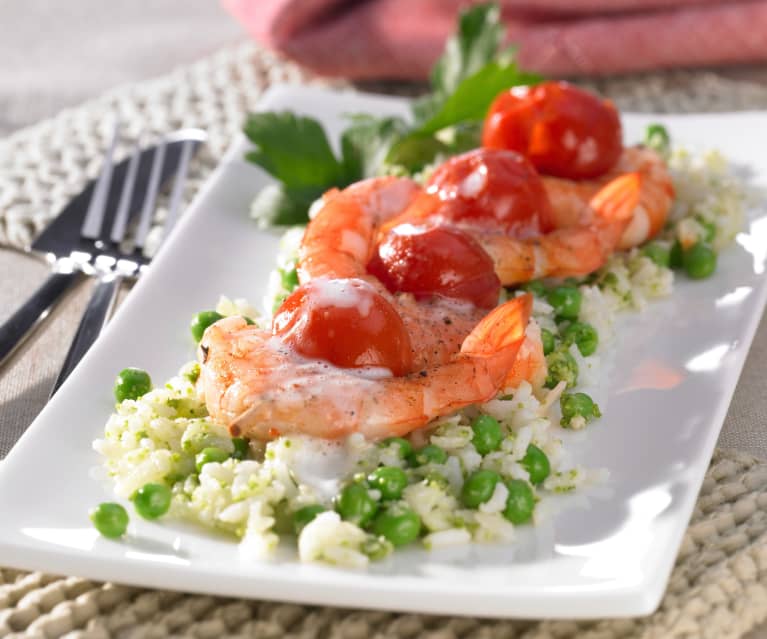 Risibisi mit Garnelenspießchen an Weinschaum