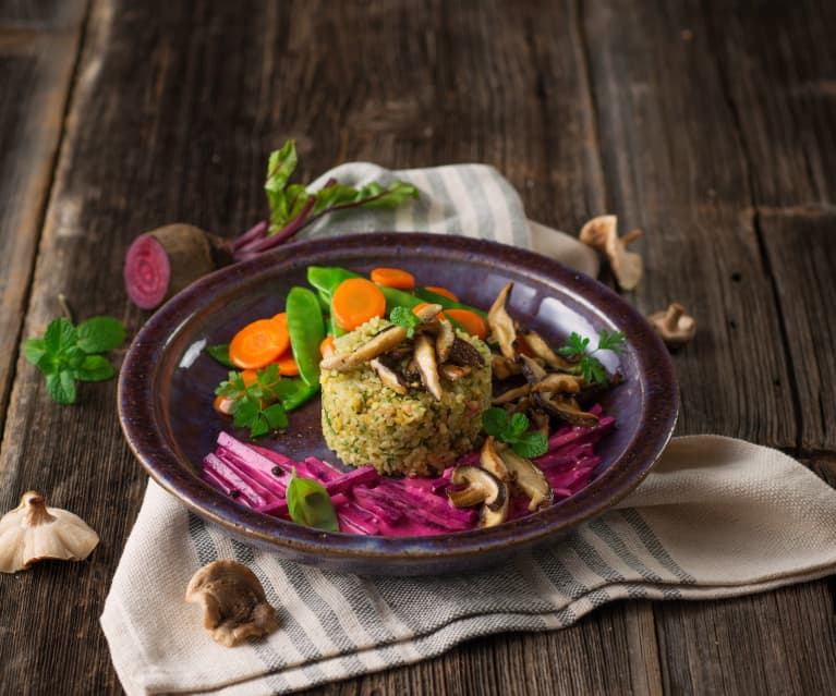 Kräuter-Bulgur mit Shiitakepilzen und Rahmrüben (vegan)