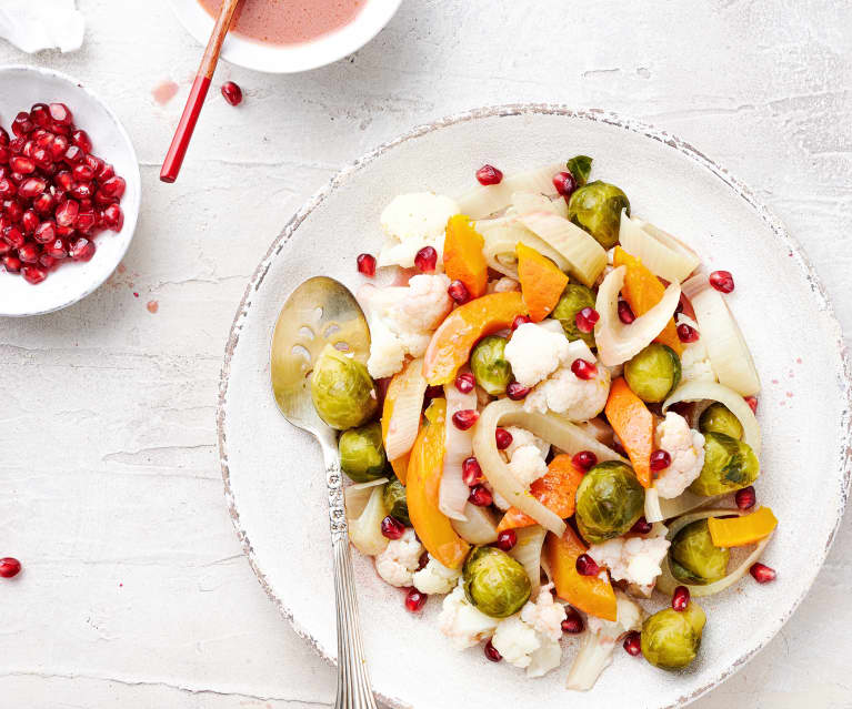 Légumes vapeur, vinaigrette à la grenade