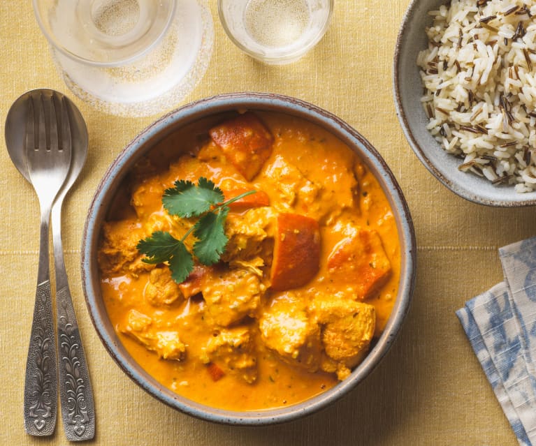 Maślany kurczak (Butter chicken) z dynią i ryżem