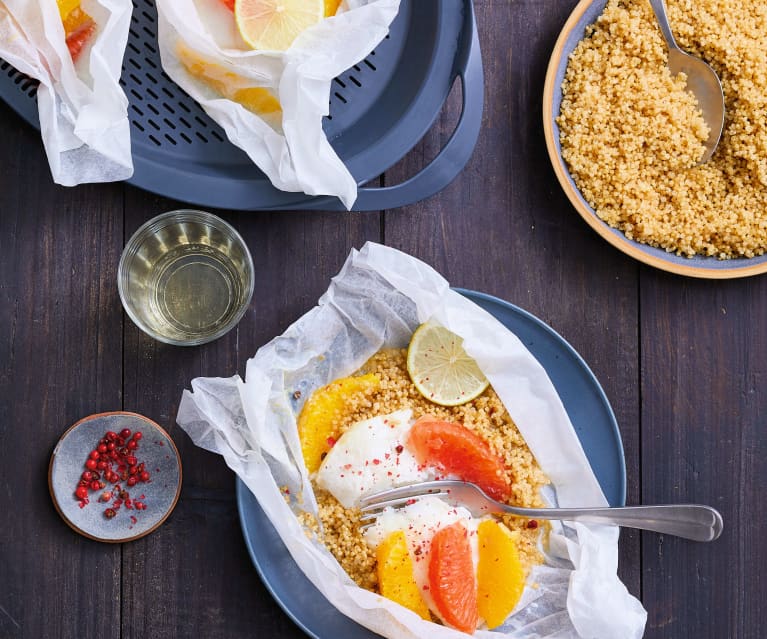 Papillote de cabillaud aux agrumes et quinoa